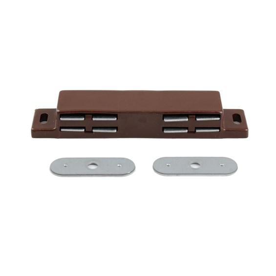 Long John twin magnetic cabinet catch in brown finish, measuring 3-13/16 inches, includes two metal plates.