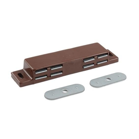Long John twin magnetic cabinet catch in brown finish, measuring 3-13/16 inches, sold individually for secure closures.