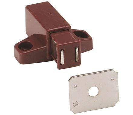 Cabinet touch catch in multiple finishes, measuring 1-11/16" x 2", sold individually for secure cabinet closure.