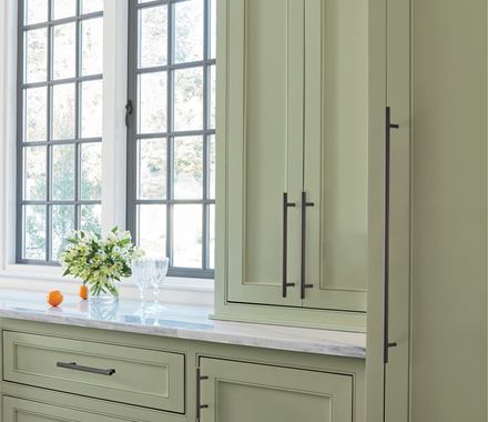 Stylish cabinet pulls from the Bar Pull Series, 3-inch center to center, available in multiple finishes for modern kitchens.