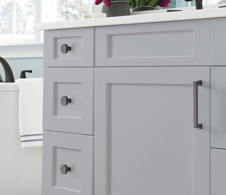 Blackrock series cabinet pulls in various finishes, 5-1/16" center-to-center, displayed on a modern kitchen cabinet.