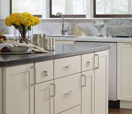 Blackrock Series cabinet pulls in various finishes, 5-1/16" center to center, enhancing modern kitchen cabinetry.