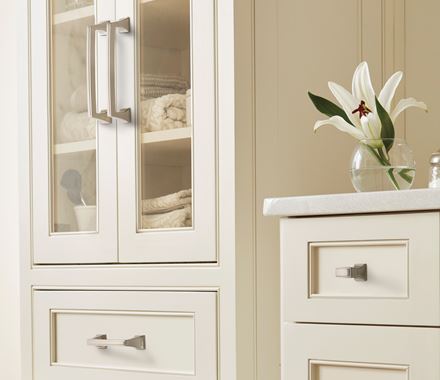 Satin nickel cabinet pulls from the Mulholland Series, 5-1/16" center to center, enhancing modern cabinetry.