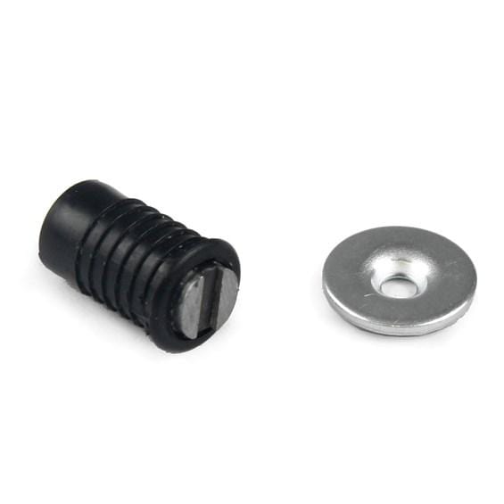 Drill and drive cylinder magnetic cabinet catch with a 4 to 13 lb load rating, available in multiple finishes.