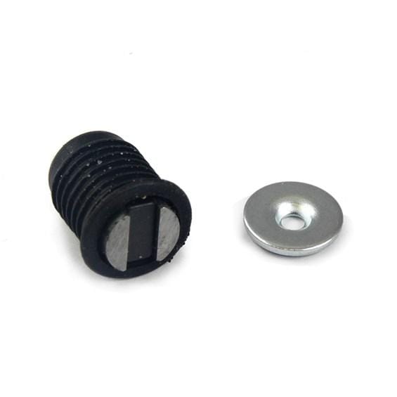 Magnetic cabinet catch with a drill and drive cylinder design, suitable for 4 lb to 13 lb load ratings, sold individually.