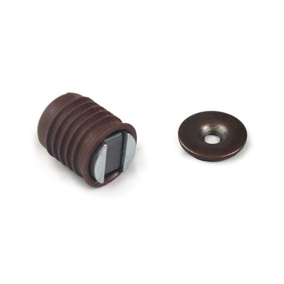 Magnetic cabinet catch with a drill and drive cylinder, rated for 4 to 13 lbs, available in multiple finishes.