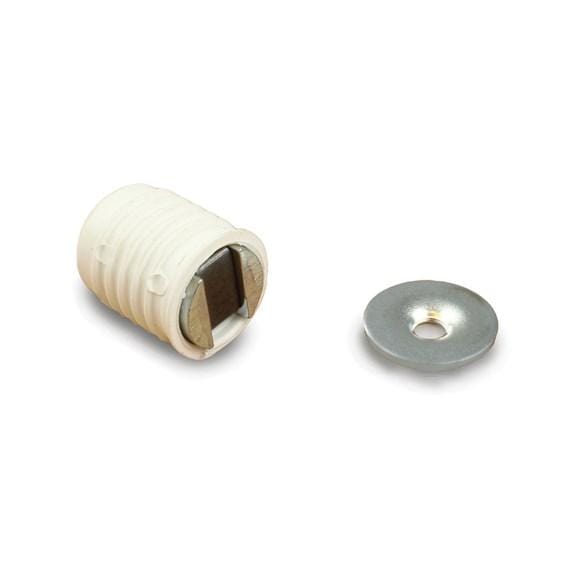Magnetic cabinet catch with a 4 lb to 13 lb load rating, available in multiple finishes, sold individually.