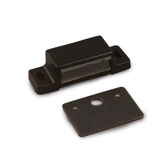 Compact magnetic cabinet catch with multiple load ratings and finishes, designed for secure door closure.