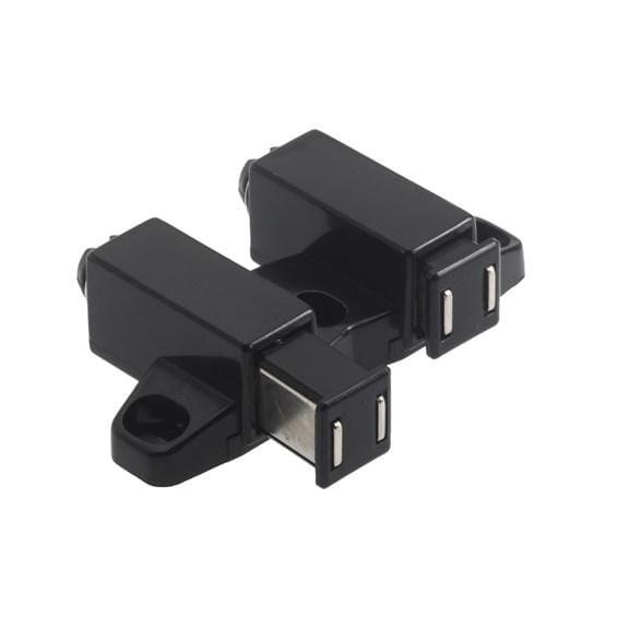 Square profile black cabinet catch with single or double magnets, sold individually for secure closure.