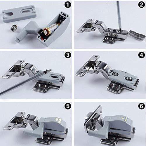 Battery-operated LED cabinet hinge light installation steps, showcasing concealed hinge design and components in six images.