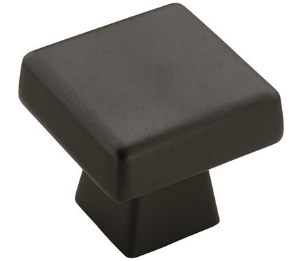 Square black bronze cabinet knob from the Blackrock Series, measuring 1-1/2 inches, sold individually.