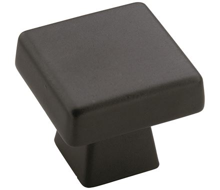 Square black bronze cabinet knob from the Blackrock Series, measuring 1-3/16 inches, sold individually.