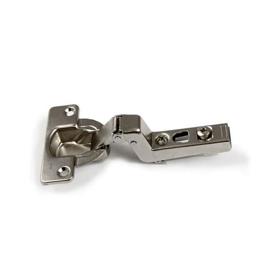 Clip-on self-closing concealed hinge in nickel finish, 1 9/16 inches, available in multiple overlays, sold individually.