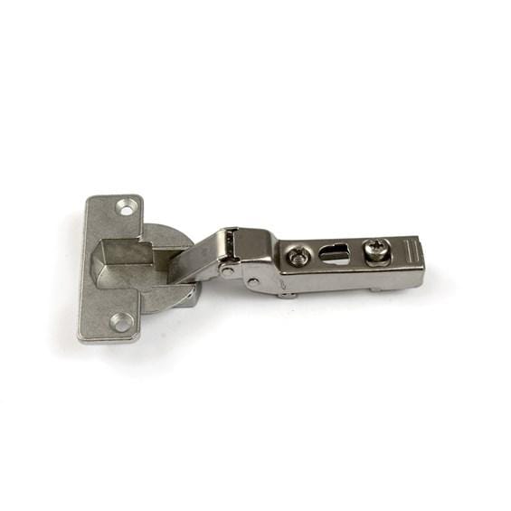 Clip-on self-closing concealed hinge in nickel finish, 1 9/16 inches, available in multiple overlays, sold individually.