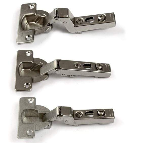 Clip-on self-closing concealed hinges in nickel finish, 1 9/16 inches, available in multiple overlays, sold individually.