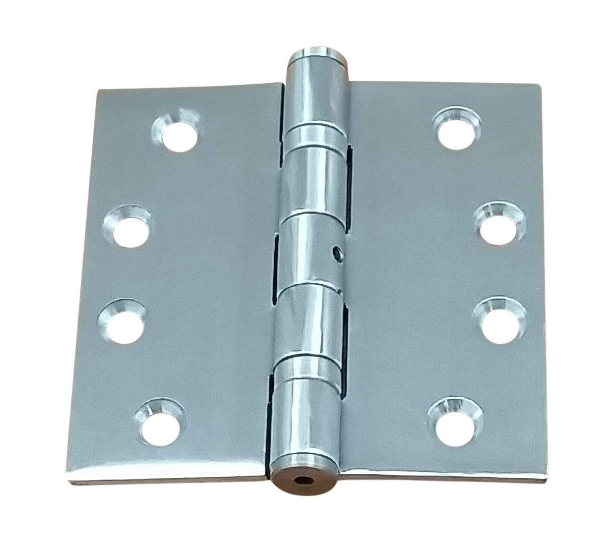Commercial ball bearing hinges, 4 1/2 inches square, available in multiple finishes, sold in a 2-pack for durability.
