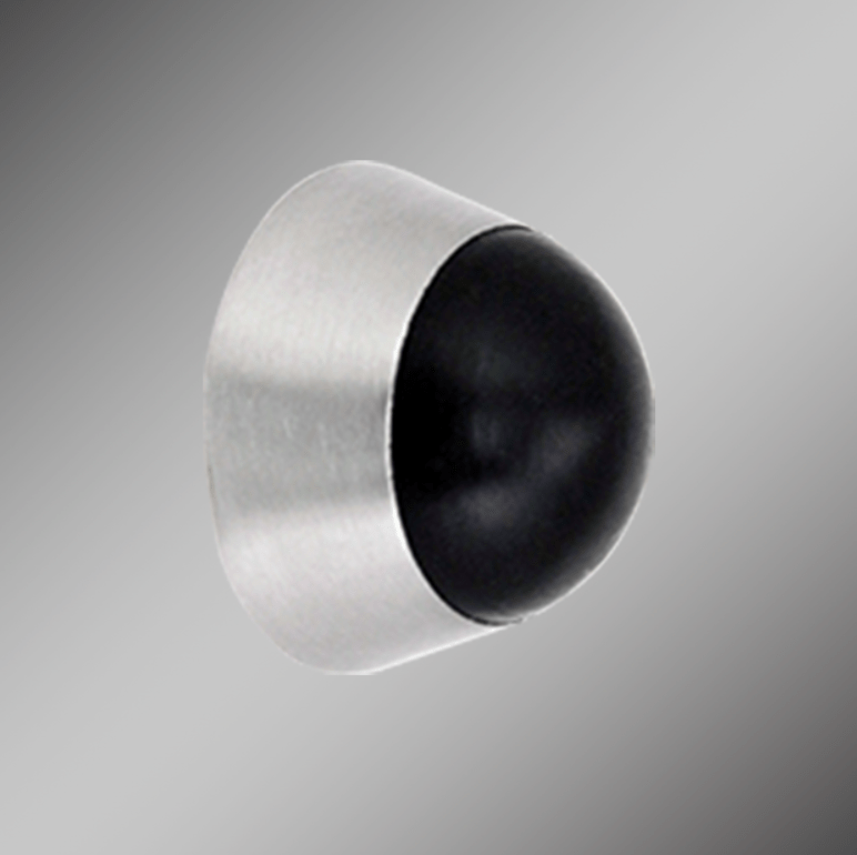 Concave wall door stop made of stainless steel with a black rubber tip, measuring 1 3/16" x 1 1/2". Sold individually.