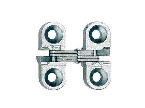 Concealed cabinet hinges in a 2-pack, 3/8 inch x 1 inch, for doors with a minimum thickness of 1/2 inch. Multiple finishes available.
