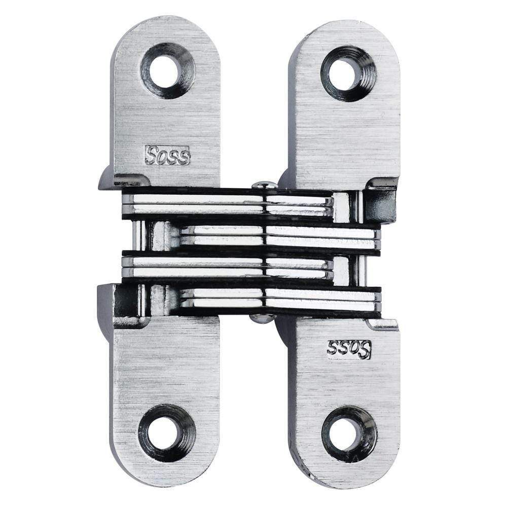 Concealed cabinet hinge designed for 1-inch thick doors, 5/8 inch x 2-3/4 inch, available in multiple finishes.