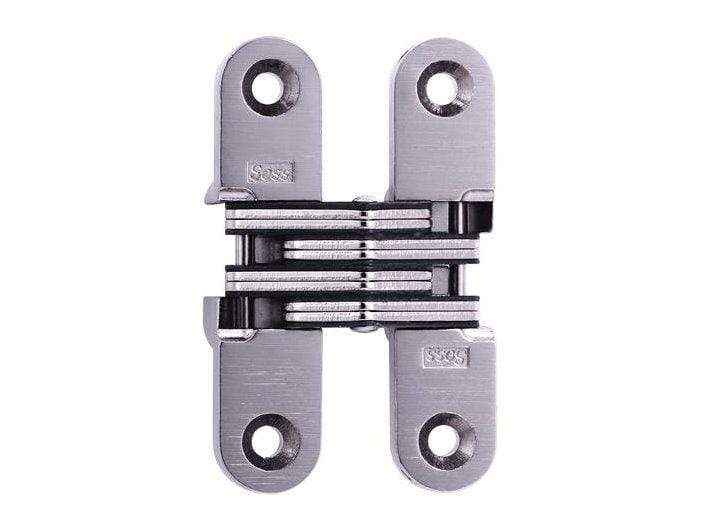 Concealed cabinet hinge measuring 5/8 inch by 2-3/4 inch, suitable for 1 inch thick doors, available in multiple finishes.