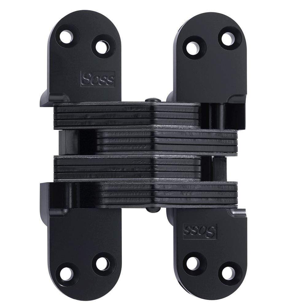 Concealed door hinge in black, measuring 1-3/8 inch by 5-1/2 inch, suitable for 2-inch thick doors, sold individually.