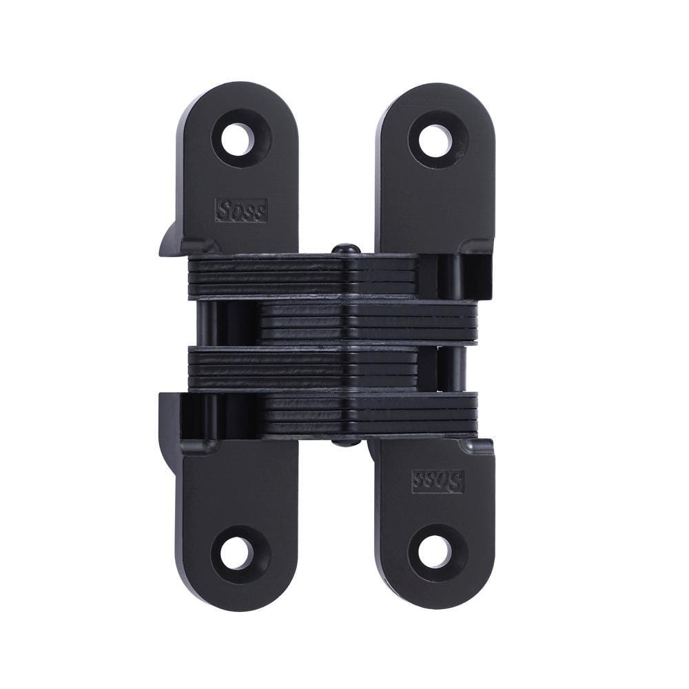 Concealed door hinge measuring 1 inch by 4-5/8 inch for doors at least 1-3/8 inch thick, available in multiple finishes.