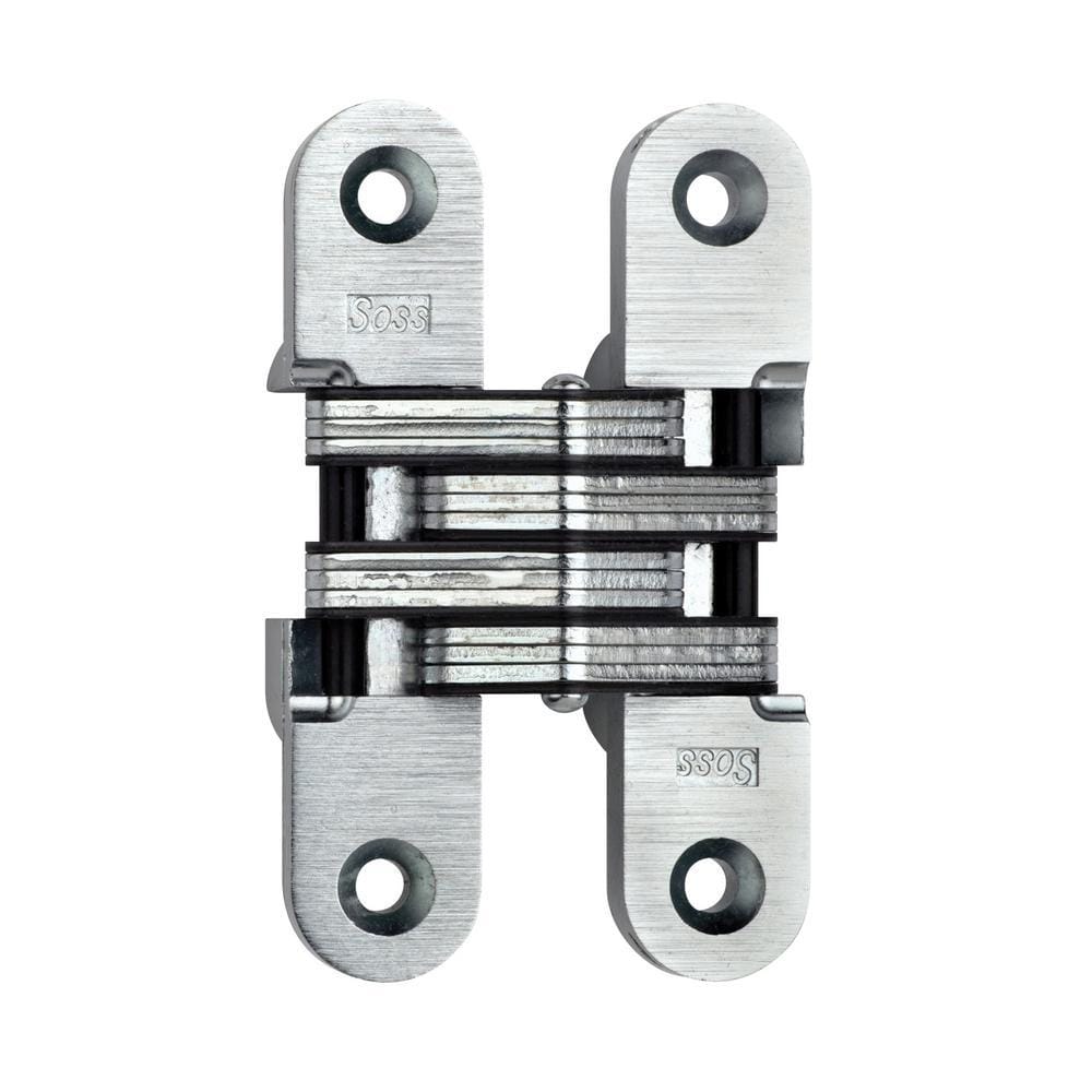 Concealed door hinge measuring 1 inch by 4-5/8 inch, suitable for doors 1-3/8 inch thick, available in various finishes.