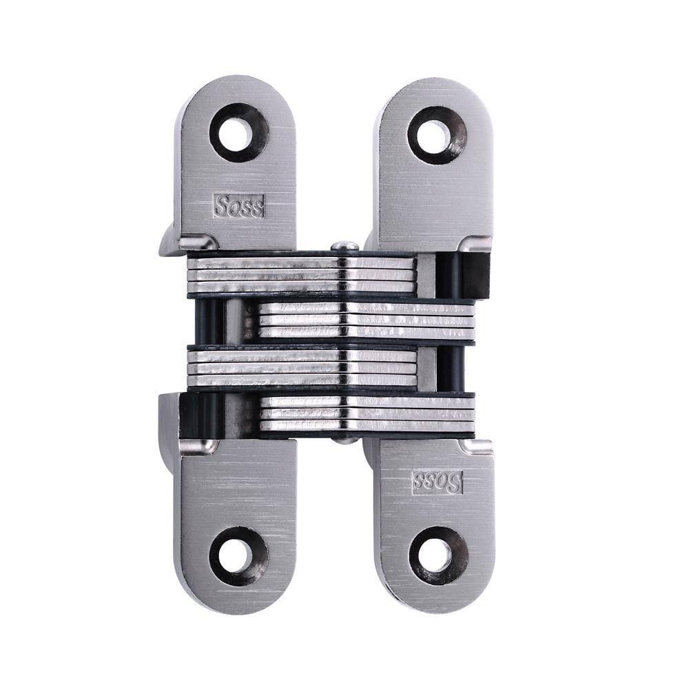 Concealed door hinge measuring 1 inch by 4-5/8 inch, suitable for doors 1-3/8 inch thick, available in multiple finishes.