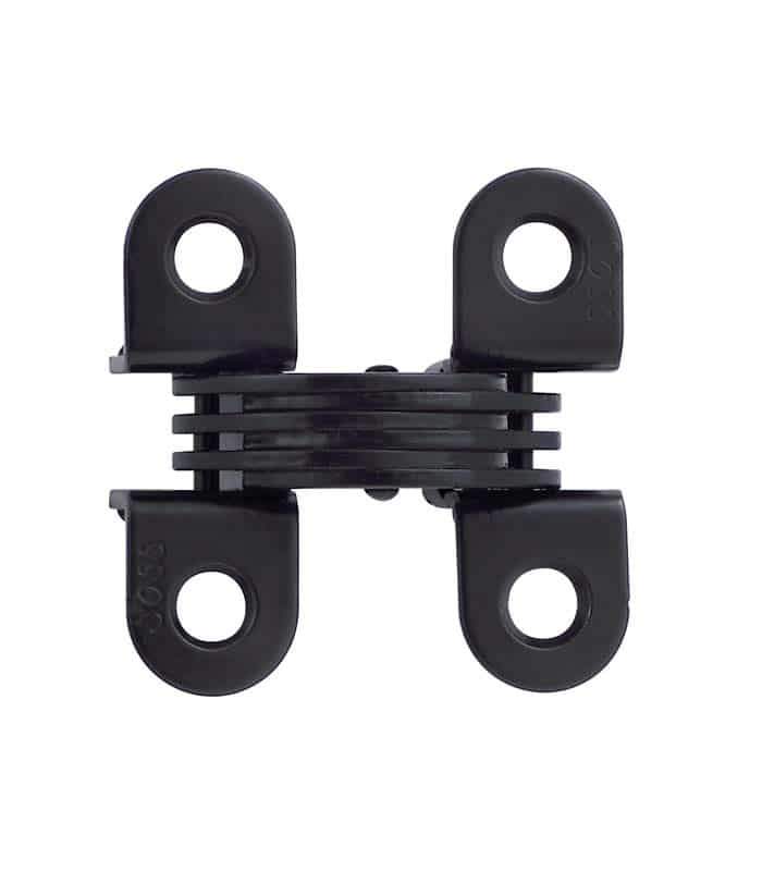 Concealed hinges in black finish, 1/2 inch x 1-33/64 inch, sold in a 2 pack for seamless door installation.