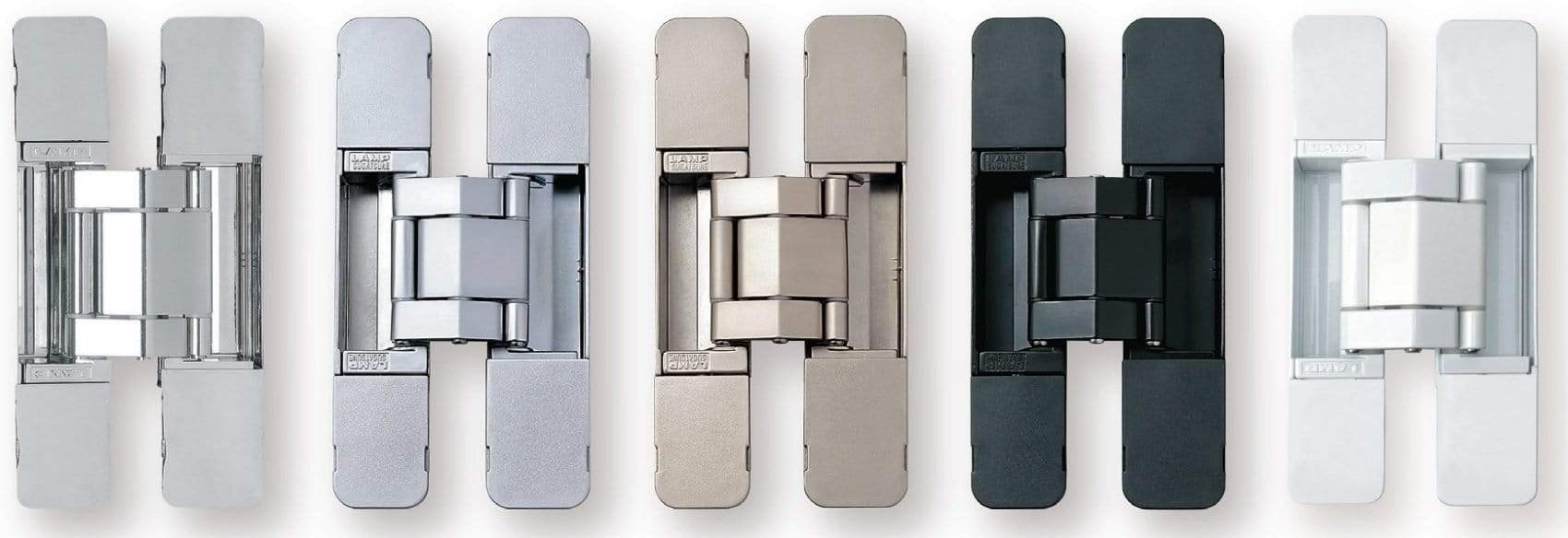 Heavy duty concealed door hinges in multiple finishes, ideal for seamless door installation and enhanced aesthetics.