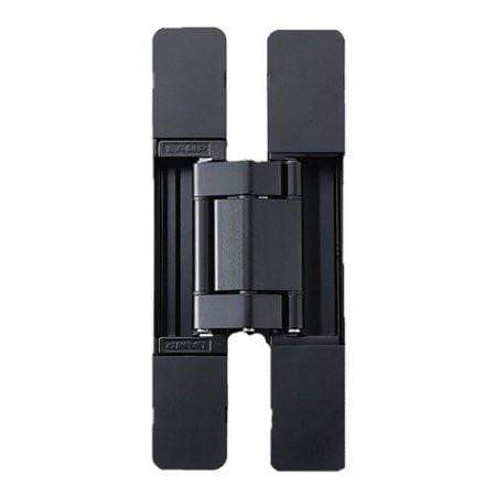 Heavy duty concealed door hinge in black finish, designed for invisible installation, sold individually.