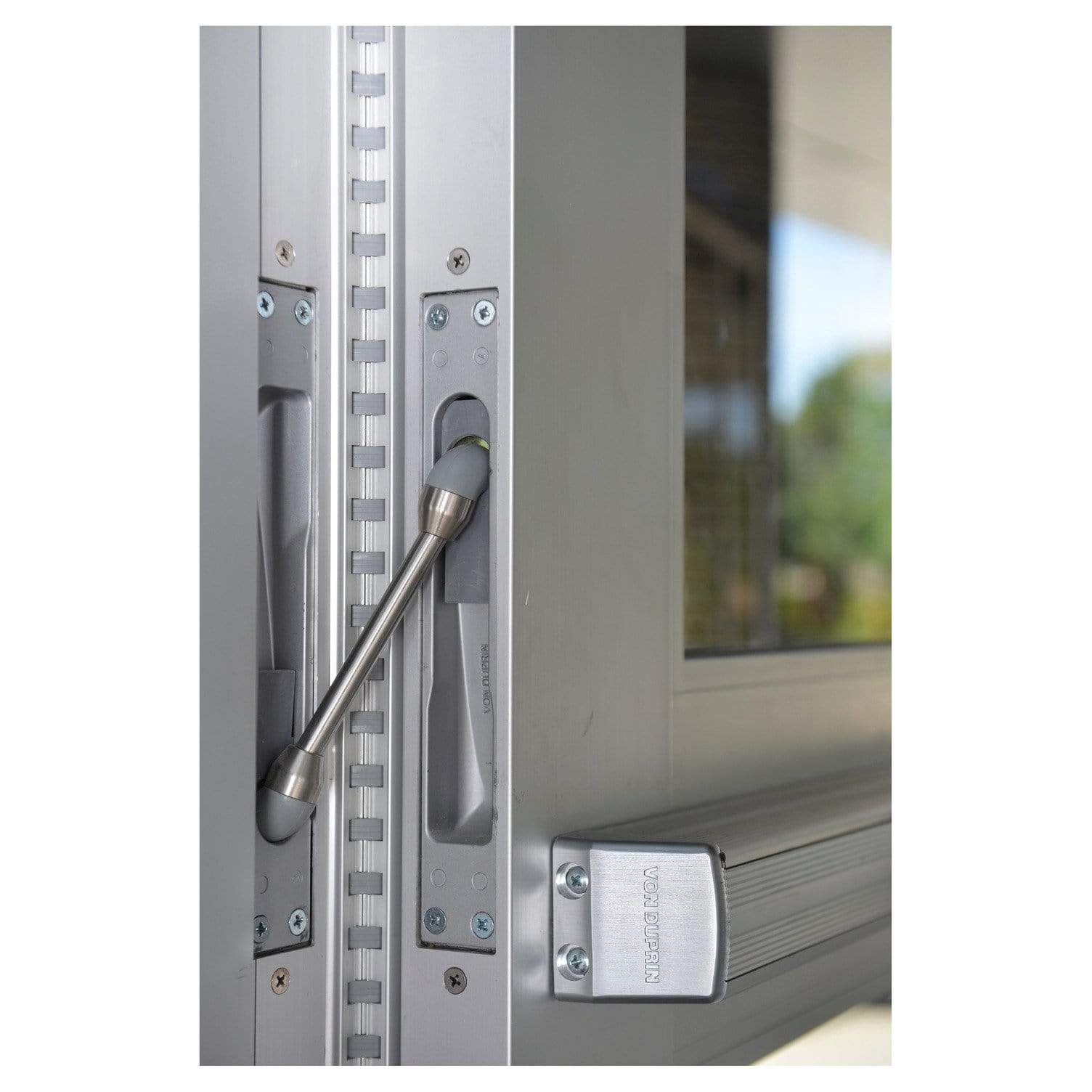 Continuous geared hinge in aluminum, 83 inches, full surface, center pivot design for durable door applications.
