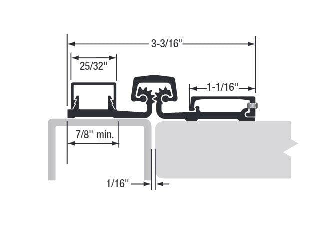 Heavy-duty continuous geared hinge, 83 inches, aluminum, full surface mount, sold individually, detailed dimensions included.