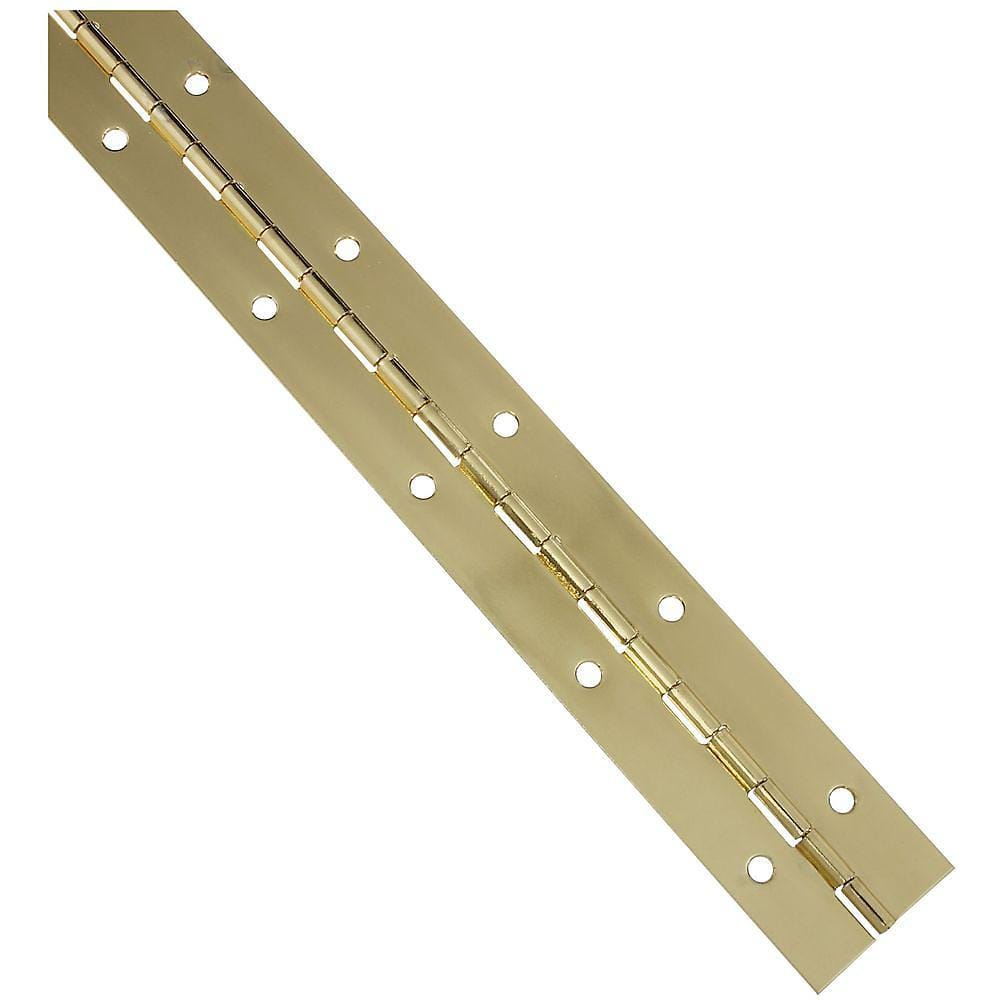 Brass piano hinge for continuous use, suitable for 1.5 to 2-inch thick doors, available in lengths from 12 to 72 inches.