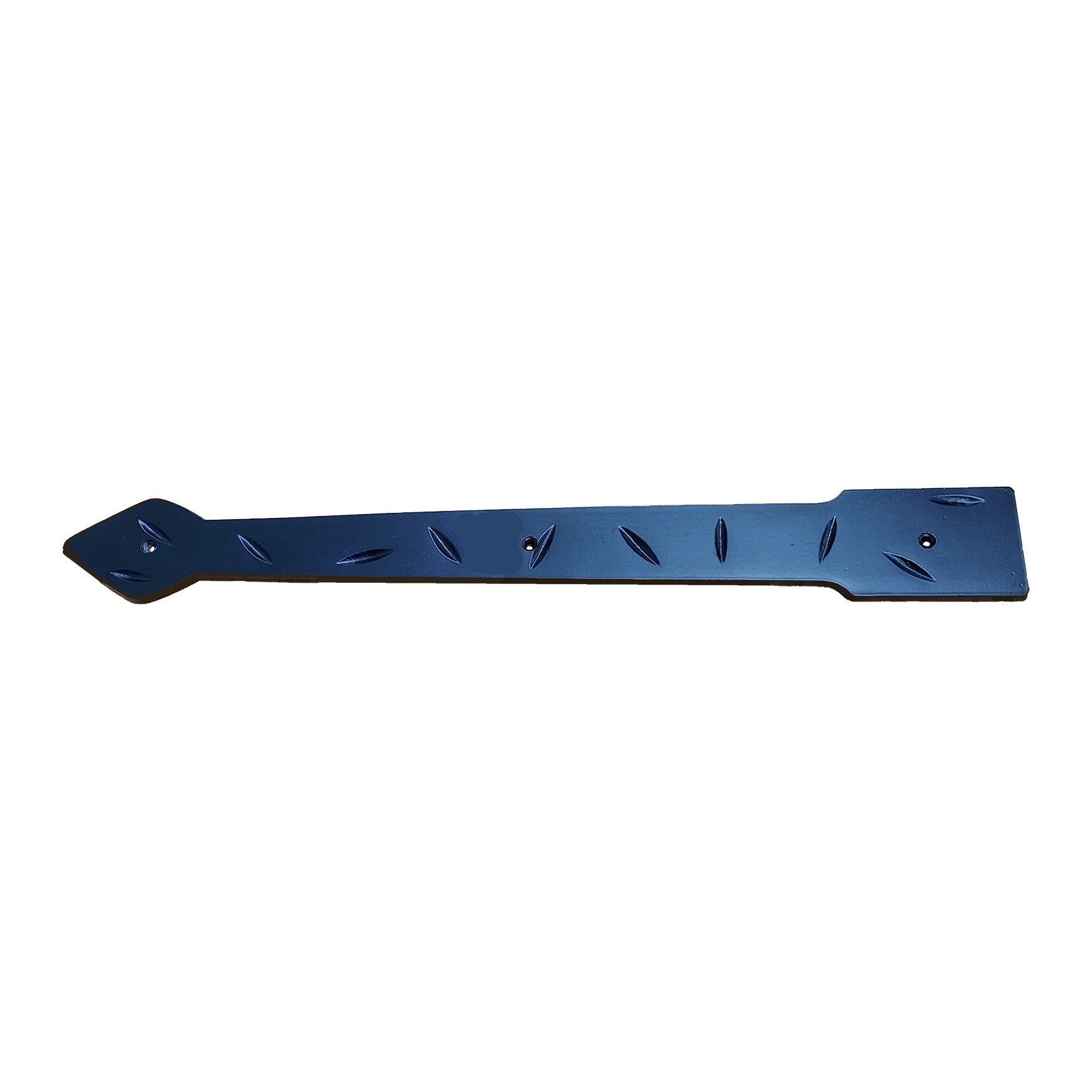 Decorative 18-inch dummy strap hinge in distressed arrow design, black powder coat finish, made of solid aluminum.