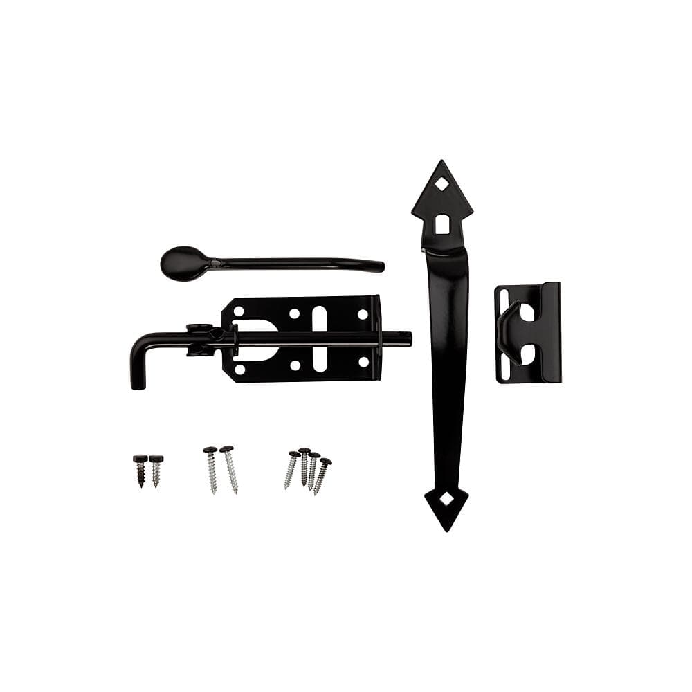Decorative black gate latch set for 1.5 to 3-inch thick doors, includes latch, hook, and screws for installation.