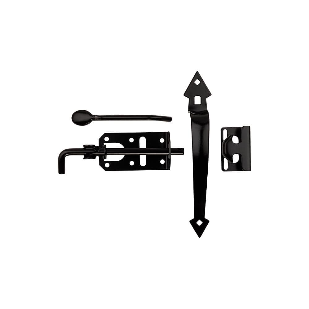 Black decorative gate latch set for 1 1/2" to 3" thick doors, sold individually, includes hook and mounting hardware.