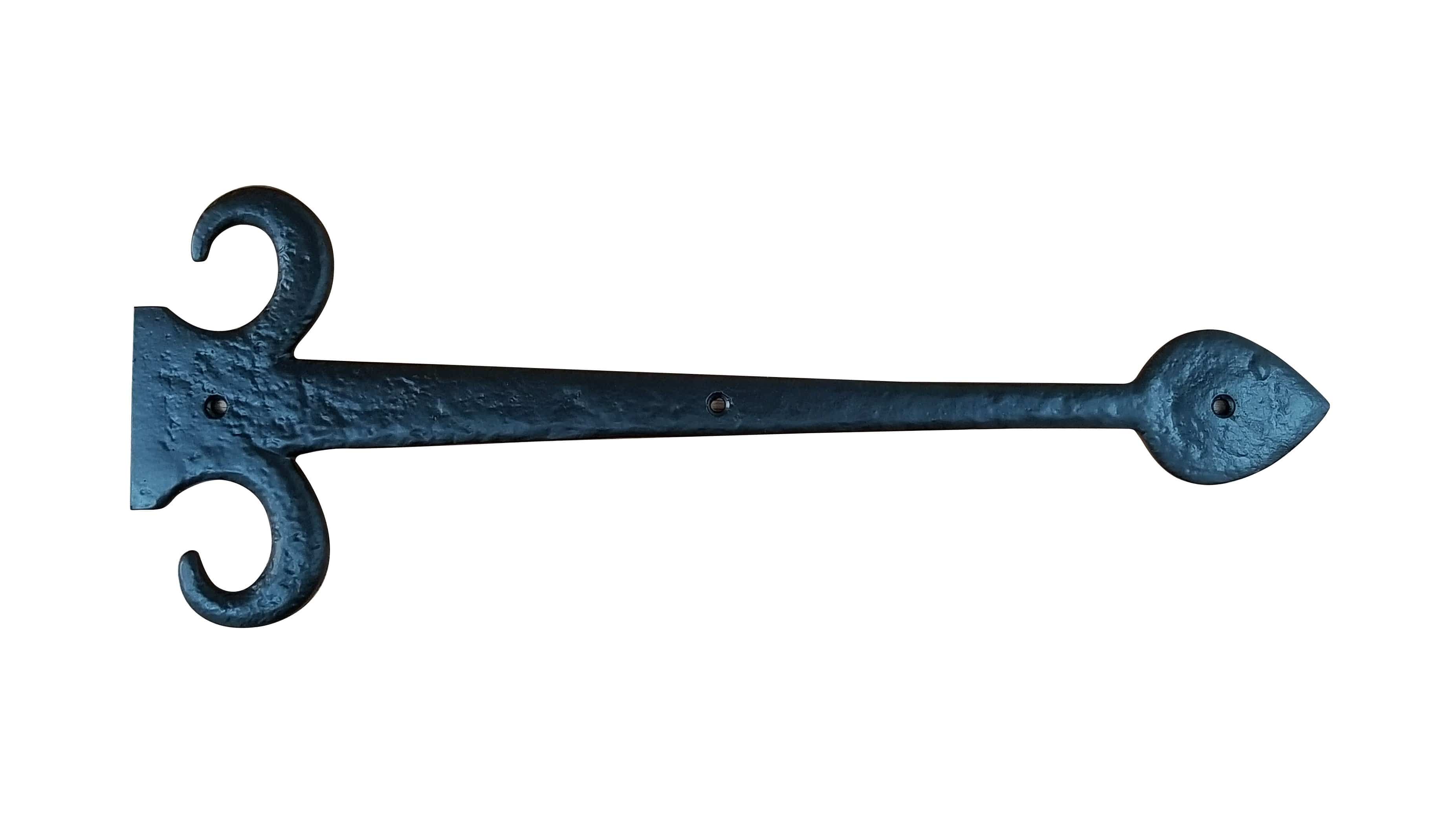European black solid iron dummy strap hinge, 15 inches long, ideal for decorative applications and enhancing doors.