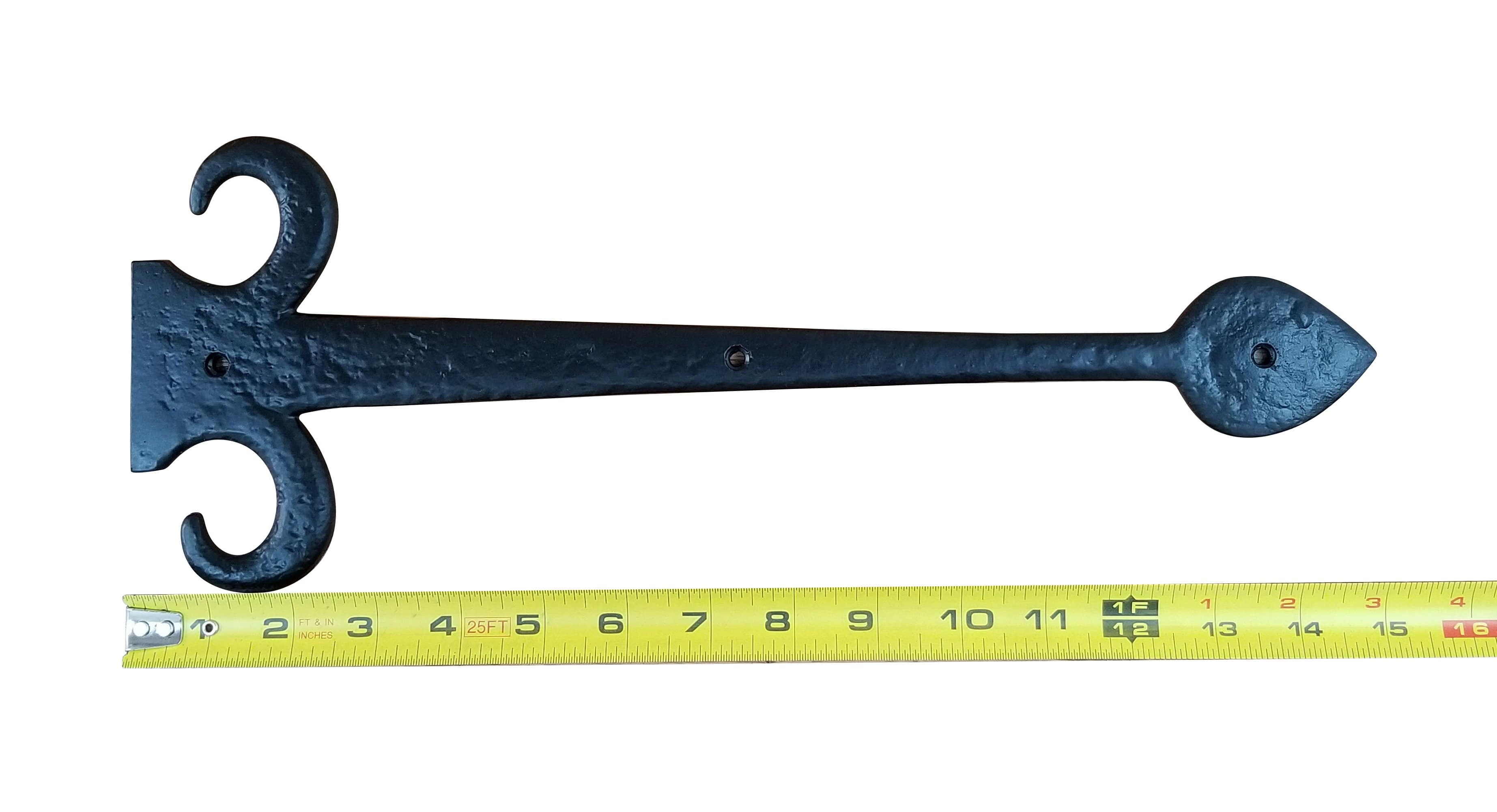 European black solid iron decorative strap hinge, 15 inches long, ideal for enhancing doors and gates. Sold individually.