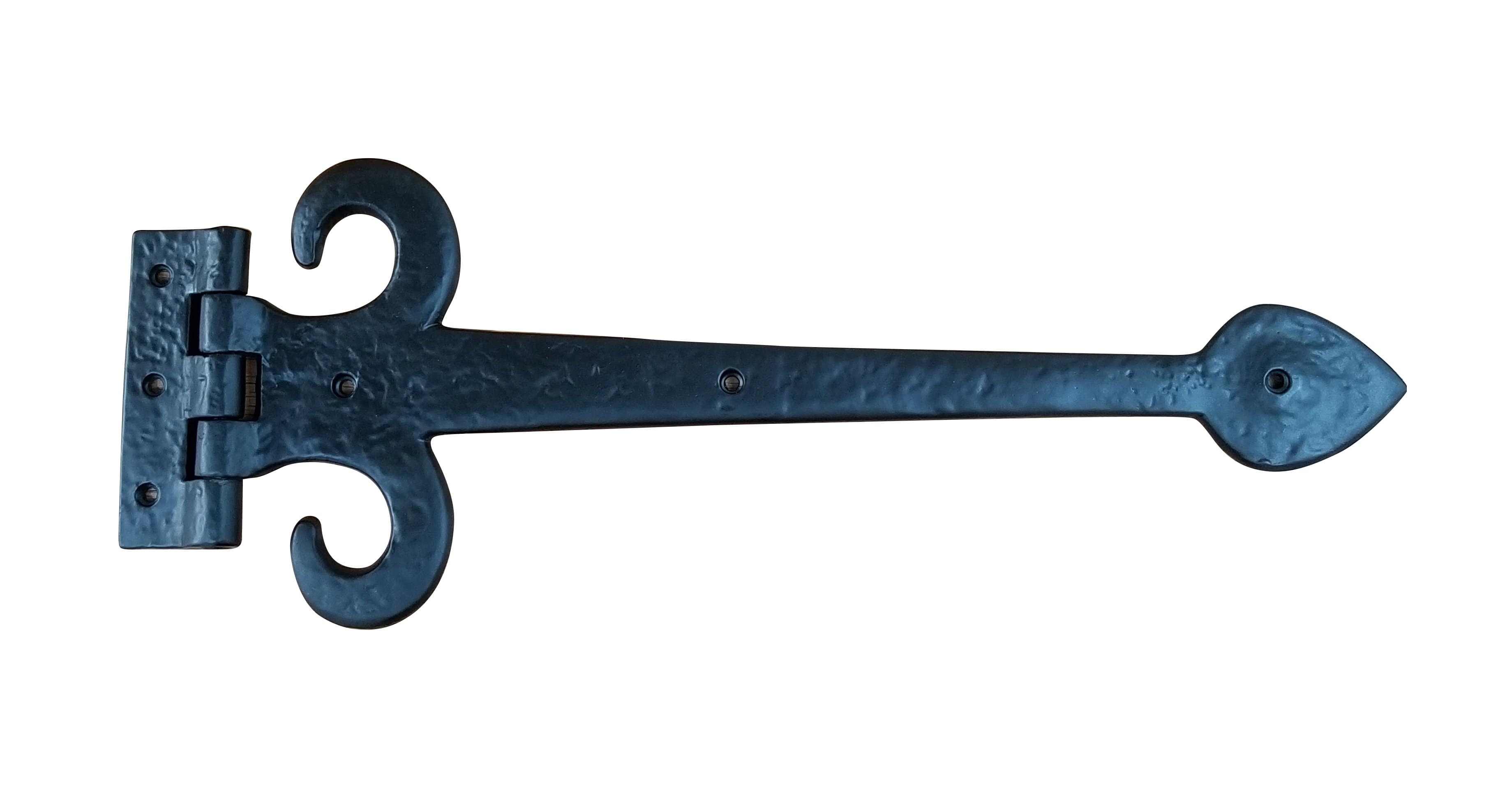 European black solid iron decorative strap hinge, 15 inches long, featuring an ornate design for stylish applications.