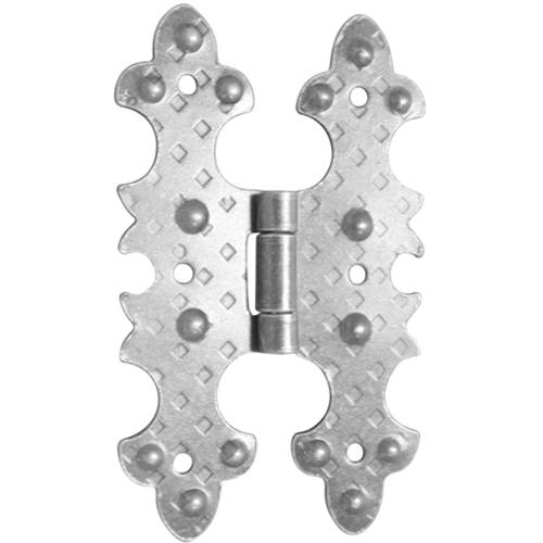 Light duty decorative cabinet hinge made of forged steel, measuring 2-1/4" x 3-5/8", sold individually.