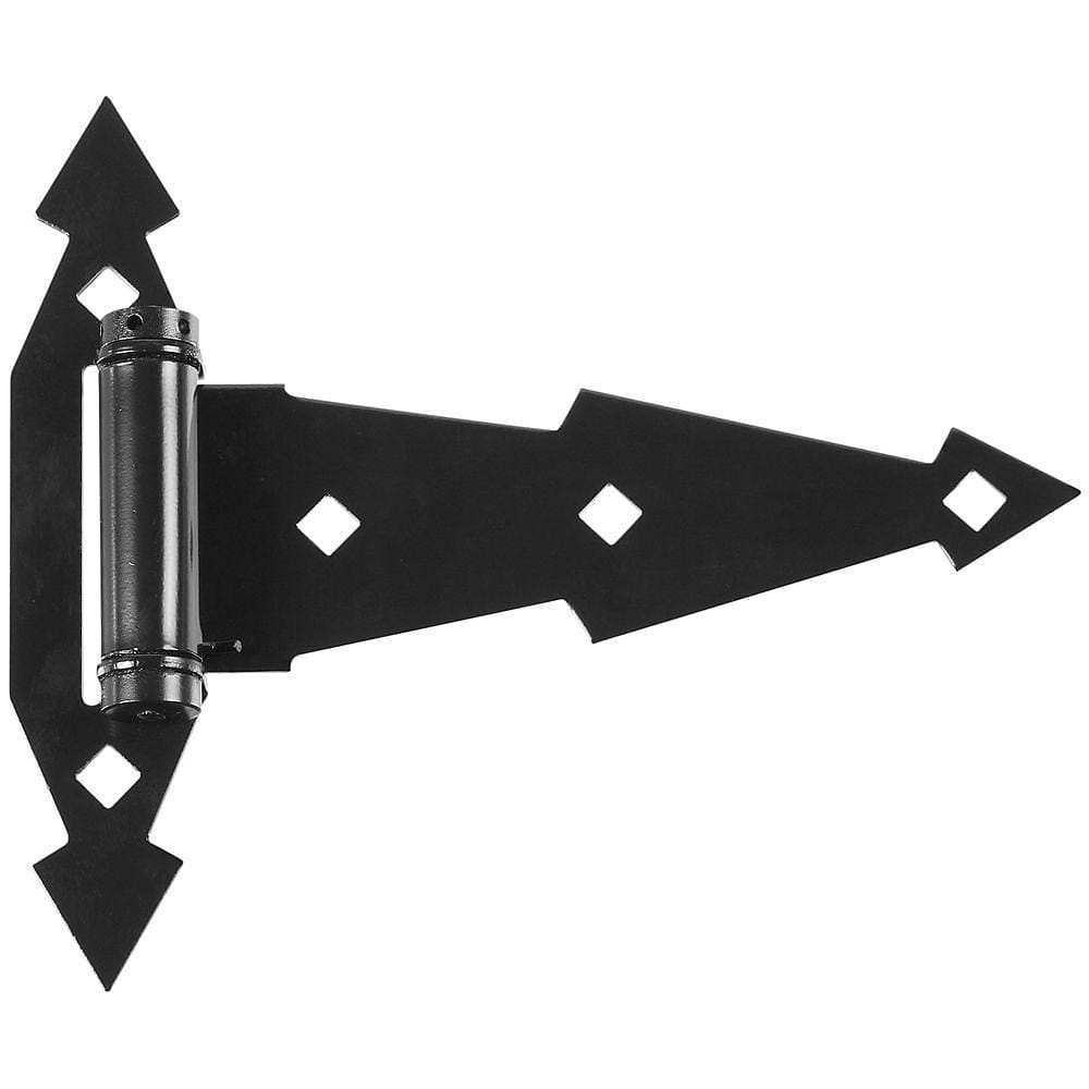 Black decorative spring T hinges, 7 inches, designed for stylish door installations, sold in a 2 pack.
