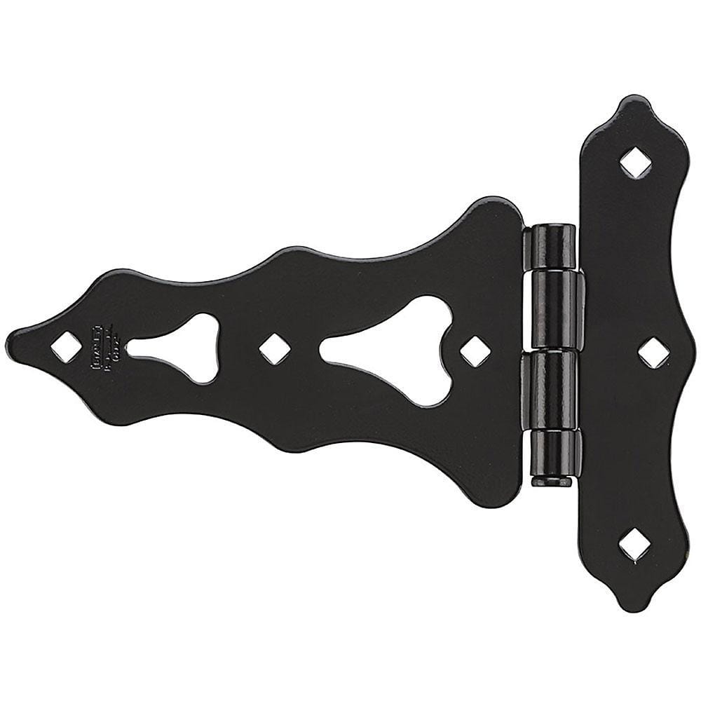 Black decorative T hinges, 8 to 10 inches, sold in a 2 pack, ideal for enhancing doors and gates.