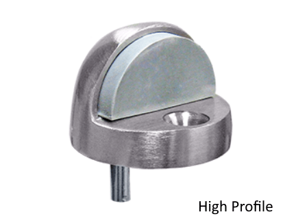 Dome floor mounted door stop in high profile design, available in multiple finishes for versatile use.