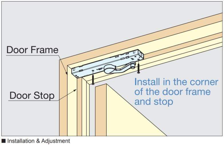 Self-closing door damper for doors up to 3 ft wide, 88 lb capacity, surface mount, available in multiple finishes.