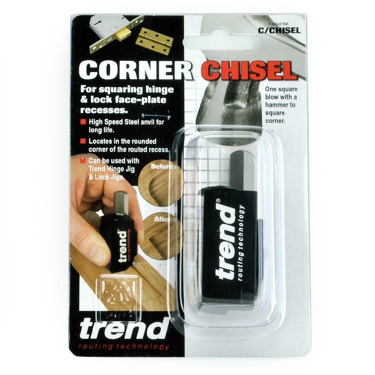 Corner chisel for squaring hinge and lock face-plate recesses, designed for use with Trend hinge jigs.