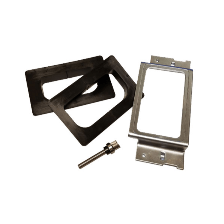 Door hinge jig installation kit with two hinge templates and router bits for 5/8” and ¼” radius hinges.