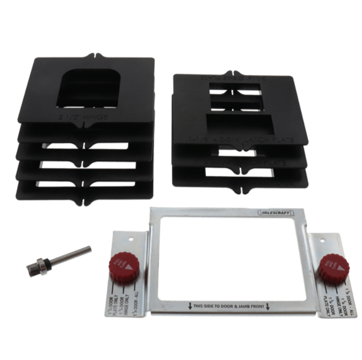 Door hinge jig installation kit with templates for hinges and strike plates, including router bits for precise cuts.