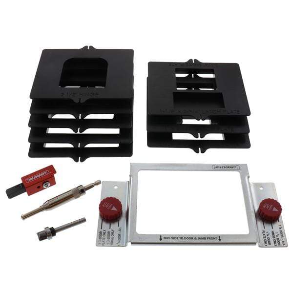 Complete door hinge jig installation kit with templates, drill bit, and chisel for precise hinge placement.