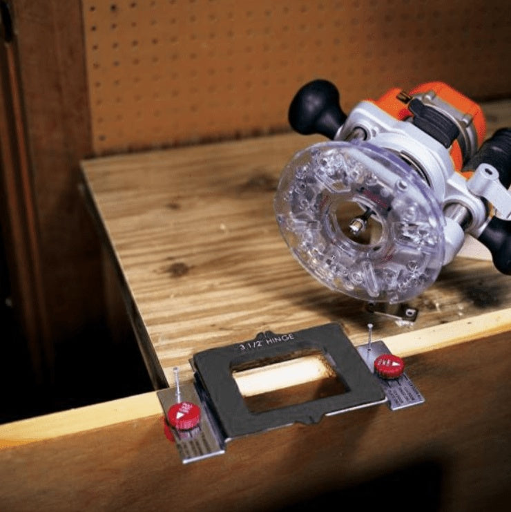 Hingemate 350 door hinge jig kit with templates, drill bit, and chisel for precise hinge installation.
